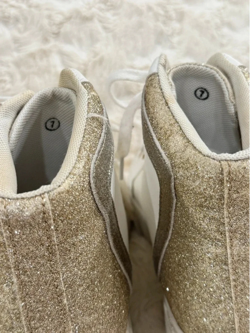 Women’s Boutique High-Tops, white and gold. Size 7